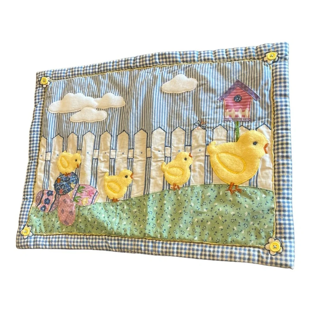 Placemats Blossoms & Blooms Springtime Easter  Appliquéd Blue Gingham Chicks